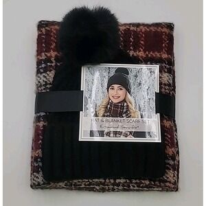 Emanuel Geraldo Women's Hat & Blanket Scarf Set Maroon Tan Multi Color Plaid